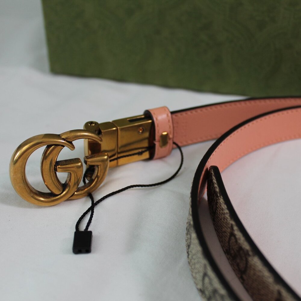 NWT Gucci GG Supreme Monogram Marmont GG Thin Belt 90 36 Reversible Pink 659418 - Picture 3 of 8